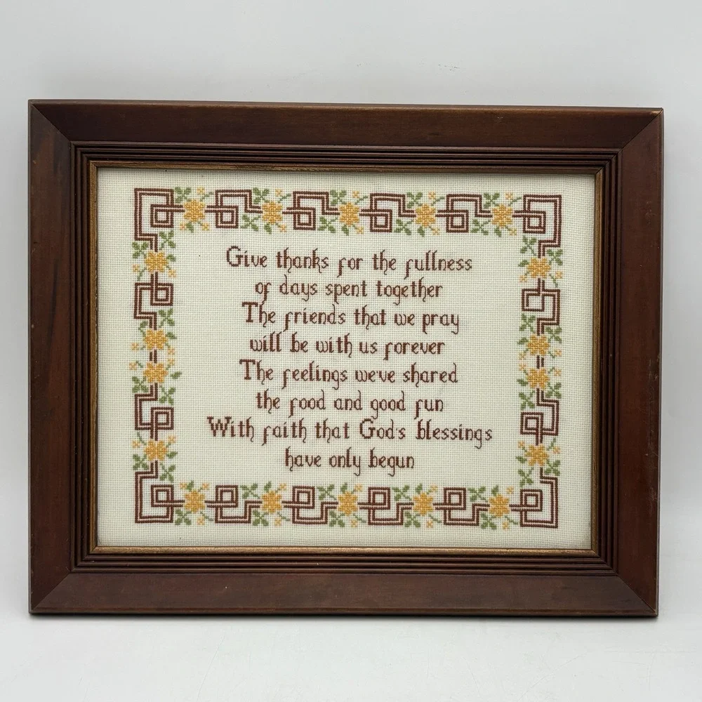 Vintage Framed Cross Stitch Give Thanks Sampler Folk Art Needlepoint Decor 13x15